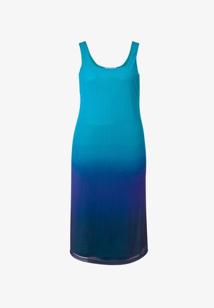Bez rukávů, šaty v gradientu od teal po hlubokou purpurovou. Hladká, lehká tkanina s kulatým výstřihem a rovnými okraji, která poskytuje plynulou siluetu.