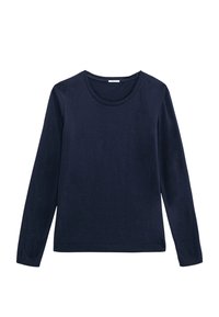 Marineblaues Langarm-T-Shirt aus weichem Stoff, mit rundem Ausschnitt und lockerer Passform. Glatte Textur ohne sichtbare Muster oder Akzente.