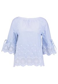 Light blue striped blouse with three-quarter puff sleeves. Features white lace trim with a scalloped edge and embroidered floral details.