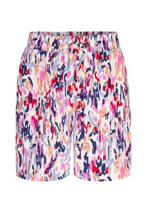 Meerkleurige damesshorts met elastische taille en trekkoord, met een abstract penseelstreekpatroon in rood, roze, marineblauw, lichtblauw en beige.