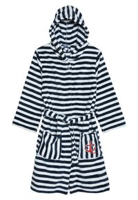 Accappatoio a righe con cappuccio in blu navy e bianco, realizzato in tessuto morbido, con vita legata, due tasche frontali e un emblema di ancora rossa.