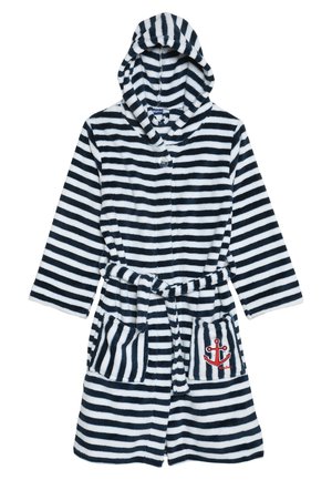 Camisola de banho com capuz riscada em azul marinho e branco, feita de tecido macio, com cintura atada, dois bolsos frontais e um emblema de âncora vermelha.