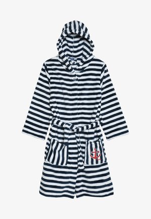 Prúžkovaný župan s kapucňou v námorníckej modrej a bielej farbe, vyrobený z mäkkej tkaniny, s viazaním v páse, dvoma prednými vreckami a červeným emblémom kotvy.