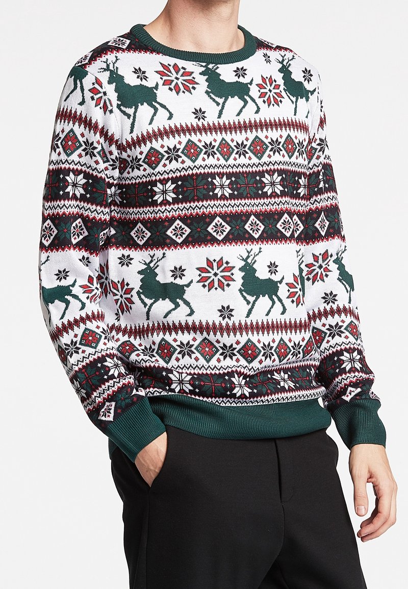 Pull festif avec des rennes verts, des flocons de neige rouges et blancs, et des motifs géométriques sur fond blanc, porté avec un pantalon noir.