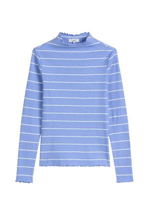 Lichtblauw langetermijnshirt met witte horizontale strepen, met een hoge hals en gerimpelde rand bij de kraag en zoom. Soepele textuur.