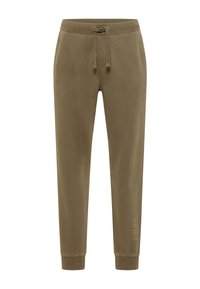 Olivengrønne sweatpants i blødt materiale, med snøre i livet, ribbede cuffs og et diskret broderet logo på venstre ben.