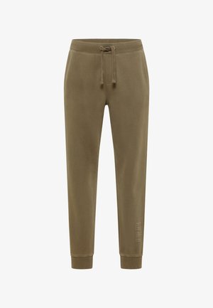 Olivgrüne Sweatpants aus weichem Material mit einem Kordelzugbund, gerippten Bündchen und einem dezent gestickten Logo am linken Bein.