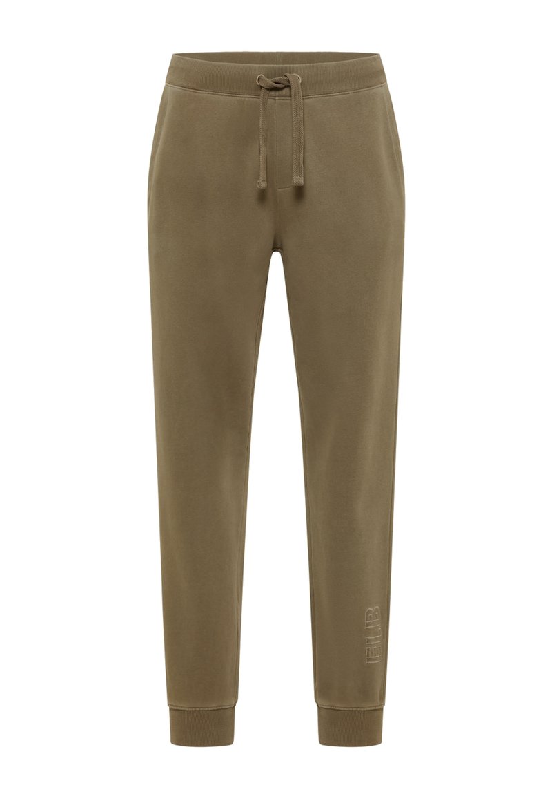 Olivengrønne sweatpants i blødt materiale, med snøre i livet, ribbede cuffs og et diskret broderet logo på venstre ben.