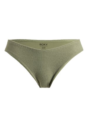 Olive green bikini bottom with a textured, ribbed design and a v-shaped waistband, featuring minimal coverage and seamless edges.