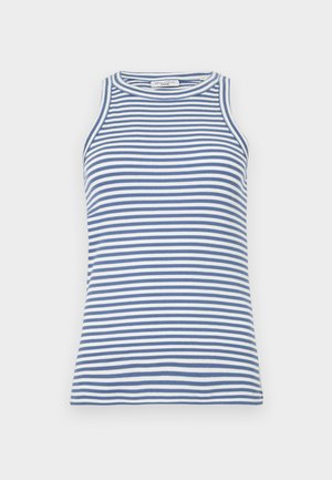 Top bez rękawów w niebiesko-białe paski, prążkowana faktura, okrągły dekolt, slim fit, o gładkim wykończeniu i bez dodatkowych ozdobników.