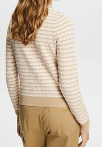 Vrouw met lang bruin haar, gekleed in een beige en wit patronen trui en een tan broek, gezien van achteren tegen een effen achtergrond.