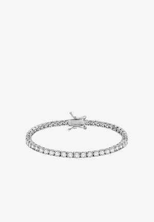 Silver bracelet featuring a line of round, clear stones set in a flexible chain design, secured with a clasp closure.
