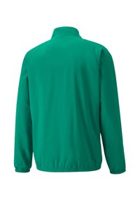 Leichte grüne Jacke mit hohem Kragen, elastischen Bündchen und Saum, aus glattem, strapazierfähigem Material gefertigt, entworfen für Komfort und Bewegungsfreiheit.