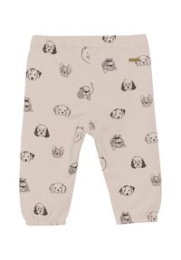 Jasno beżowe spodnie dla niemowląt z różnymi ilustracjami czarnych psich pysków. Elastyczny pas i ściągacze przy kostkach dla komfortu i dopasowania.