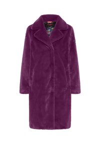 Abrigo de piel sintética morado con cuello de muesca, mangas largas y bolsillos frontales. La textura es suave, con una superficie lisa y esponjosa.