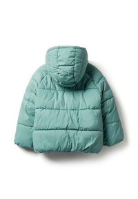 Miętowa zielona pikowana kurtka z kapturem, z przetłoczeniami i luźną sylwetką. Tkanina ma gładką, błyszczącą fakturę.