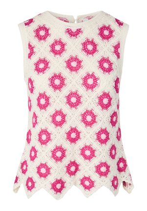 Varrukateta valge heegeldatud top, millel on roosad ümmargused lillemustrid, mis on paigutatud teemantkujudesse, ääristatud lainelise äärega ja tagaküljel nööpidega kinnitatav.