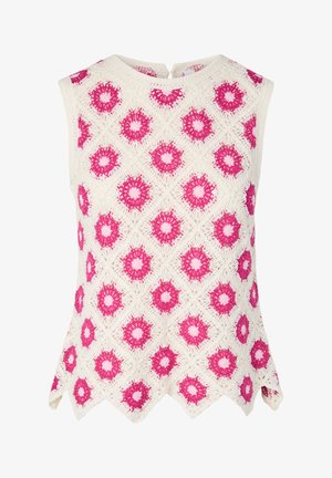 Varrukateta valge heegeldatud top, millel on roosad ümmargused lillemustrid, mis on paigutatud teemantkujudesse, ääristatud lainelise äärega ja tagaküljel nööpidega kinnitatav.