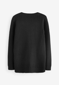 Maglione nero lavorato a maglia con design a treccia testurizzata, colletto rotondo a coste, maniche lunghe e orlo dritto. Senza marchio visibile.