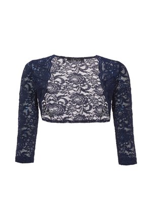 Giacca a cropped in pizzo blu navy con maniche lunghe, caratterizzata da motivi floreali e accenti di paillettes, tessuto trasparente e scollatura rotonda.