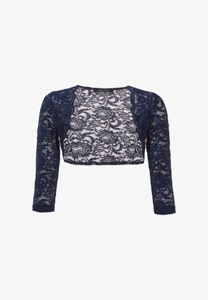 Giacca a cropped in pizzo blu navy con maniche lunghe, caratterizzata da motivi floreali e accenti di paillettes, tessuto trasparente e scollatura rotonda.
