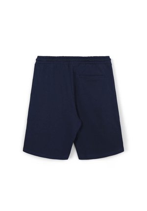 Pantaloncini blu navy in tessuto leggero, con cintura elastica e una tasca posteriore, caratterizzati da un taglio semplice e una texture liscia.