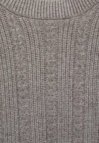 Knit sweater in a muted brown shade with ribbed texture. Features a cable-knit pattern along vertical lines. Soft, thick fabric.