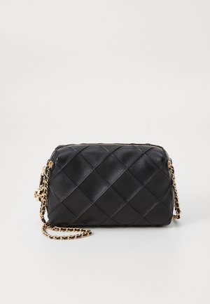 Black quilted leather bag with a gold chain strap and zipper closure. Features diamond pattern, smooth texture, and sleek rectangular shape.