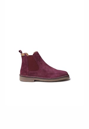 Burgundi värvi seemisnahast ankle boots elastsete külgpaneelidega ja silmusega. Lame kummitald ja tikitud detailid ümber aluse.