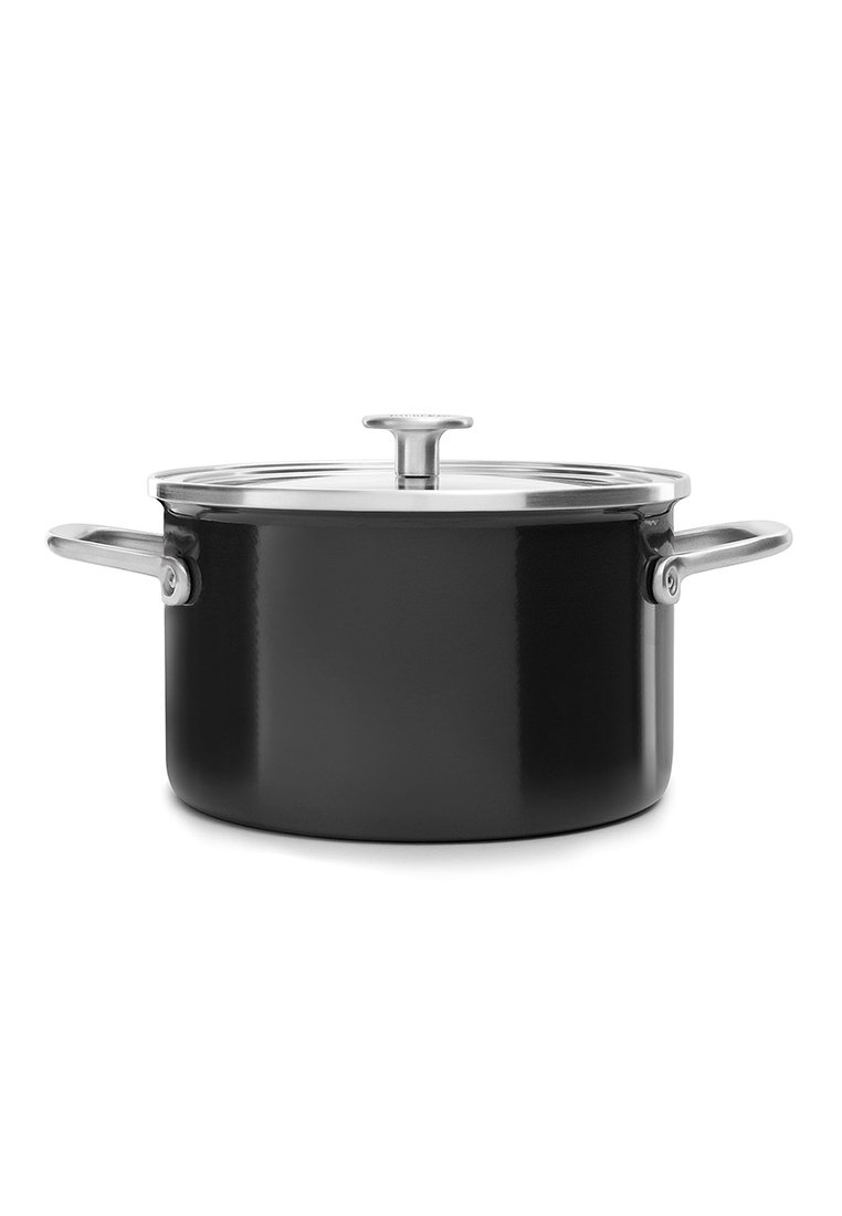 Schwarzer emaillierter Topf mit Edelstahldeckel und -griffen, runde Form, glatte Oberfläche und ein Knopf oben für einfaches Anheben.