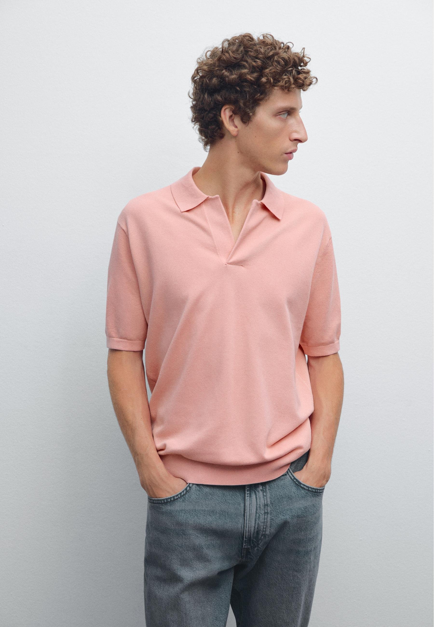 ★Massimo Dutti★ Microtextured cotton-pique polo shirt Microtextured cotton piqué polo shirt · Indigo, White, Light
