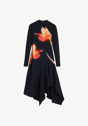 Abito nero a maniche lunghe con orlo svasato, caratterizzato da un vivace motivo floreale in arancione e giallo. Realizzato in un tessuto liscio.
