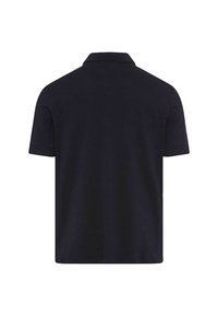 Navy short-sleeve polo shirt with a classic collar and a straight hem. Made of smooth cotton material. No visible logos or patterns.