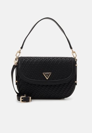 Black woven leather shoulder bag with gold-tone hardware and a triangular Guess logo on the front flap, featuring an adjustable strap.