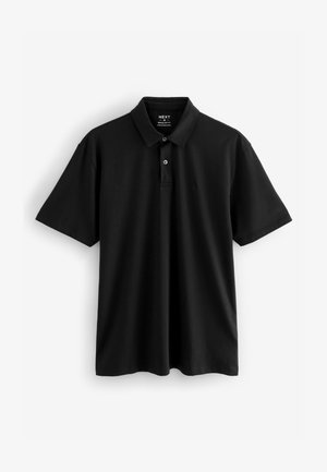 Polo nero in cotone, con collo classico, maniche corte, tre bottoni e un logo sottile sul petto.