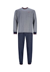 Grijze lange mouwen shirt met een zak en gestreepte kraag, gecombineerd met marineblauwe broek met omgeslagen pijpen. Zacht materiaal en een relaxte pasvorm.