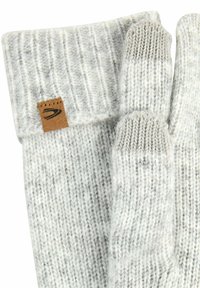 Gehaakte handschoenen in lichtgrijs met een ribbeltextuur. Ze hebben een suède label en een opgevouwen manchet voor extra warmte en stijl.