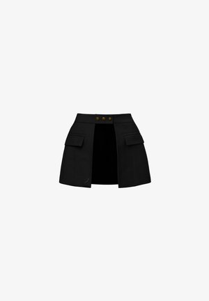 Black mini skirt with a structured design, featuring two front pockets and three gold-tone buttons at the waist. Smooth fabric texture.
