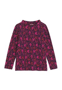 Langärmliges Hemd in Dunkellila mit einem Muster aus pinken und roten abstrakten Formen. Weiche Textur, Rundhalsausschnitt und gerader Schnitt.