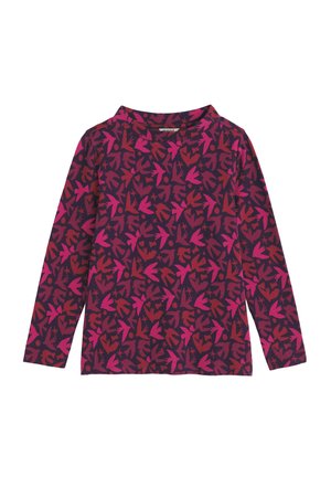 Dlhý rukáv v tmavofialovej farbe s vzorom ružových a červených abstraktných tvarov. Mäkkučký materiál, okrúhly výstrih a rovný strih.