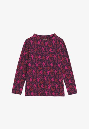 Dlhý rukáv v tmavofialovej farbe s vzorom ružových a červených abstraktných tvarov. Mäkkučký materiál, okrúhly výstrih a rovný strih.