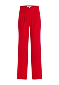 Pantalones de traje rojos con un diseño de pierna ancha, que cuentan con pliegues frontales y una textura suave. Fabricados en un tejido ligero adecuado para diversas ocasiones.