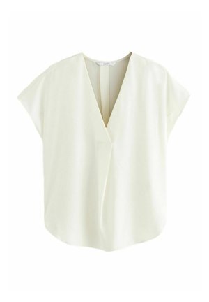 Kremowa bluzka z krótkim rękawem, dekoltem w kształcie litery V i luźnym, drapowanym przodem, przedstawiona na jednolitym białym tle.