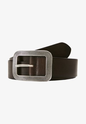 Brown leather belt with a rectangular silver-tone buckle featuring a textured edge and a single prong for fastening.