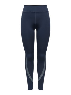 Marineblauwe, atletische leggings met hoge taille en reflecterende gebogen strepen langs de onderbenen.