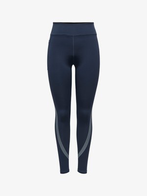 Marineblauwe, atletische leggings met hoge taille en reflecterende gebogen strepen langs de onderbenen.
