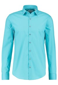 Langarmshirt in aqua blauw, gemaakt van gladde stof, met een knoopsluiting aan de voorkant, een afgeronde zoom en zilveren knopen.