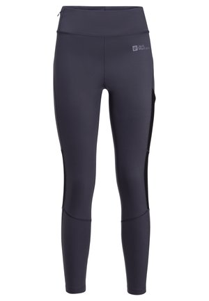 Dark gray athletic leggings made of stretch fabric with a high waistband, featuring side pockets and contrasting black panels.