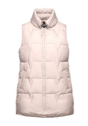 Helle rosa ärmellose Puffer-Weste mit hohem Kragen, gestepptem Muster, Frontreißverschluss und zwei Seitentaschen. Glatte Textur und modernes Design.
