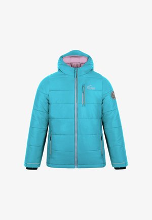 Türkisfarbene isolierte Jacke mit abnehmbarem Kapuzen, Reißverschluss vorne und elastischen Bündchen. Verfügt über ein pinkes Innenfutter und gesteppte Panels.